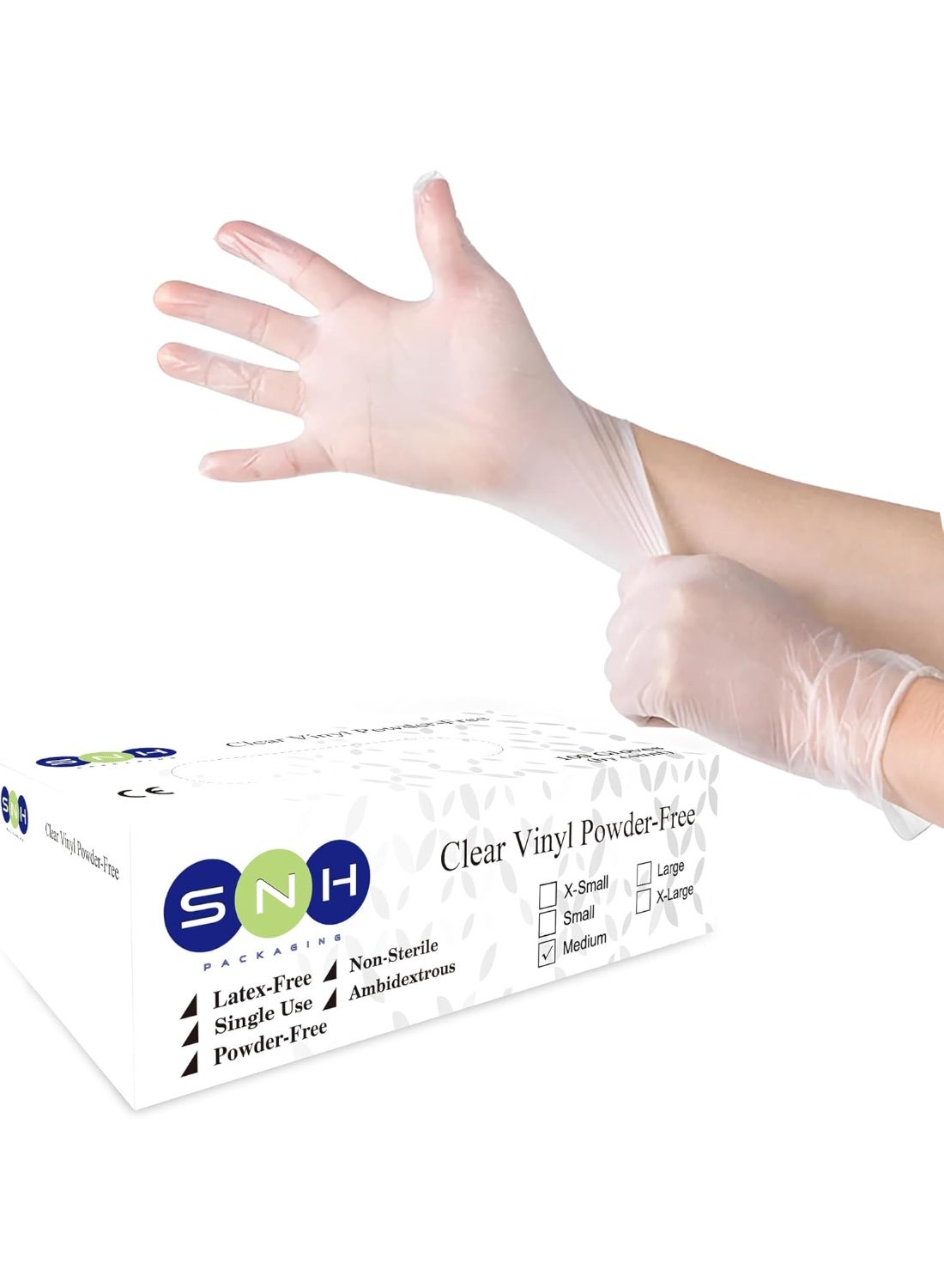 SNH Packing Vinyl Disposable Gloves, Medium, 100 Pieces, Clear - Latex Free, Powder-Free, Food Safe Disposable Gloves for Cleaning, Cooking, and Medical Use